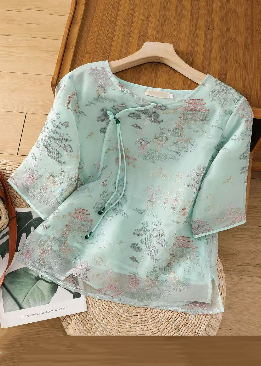 Chemisier neuf en tulle, manches latérales, demi-ouvert, imprimé abricot