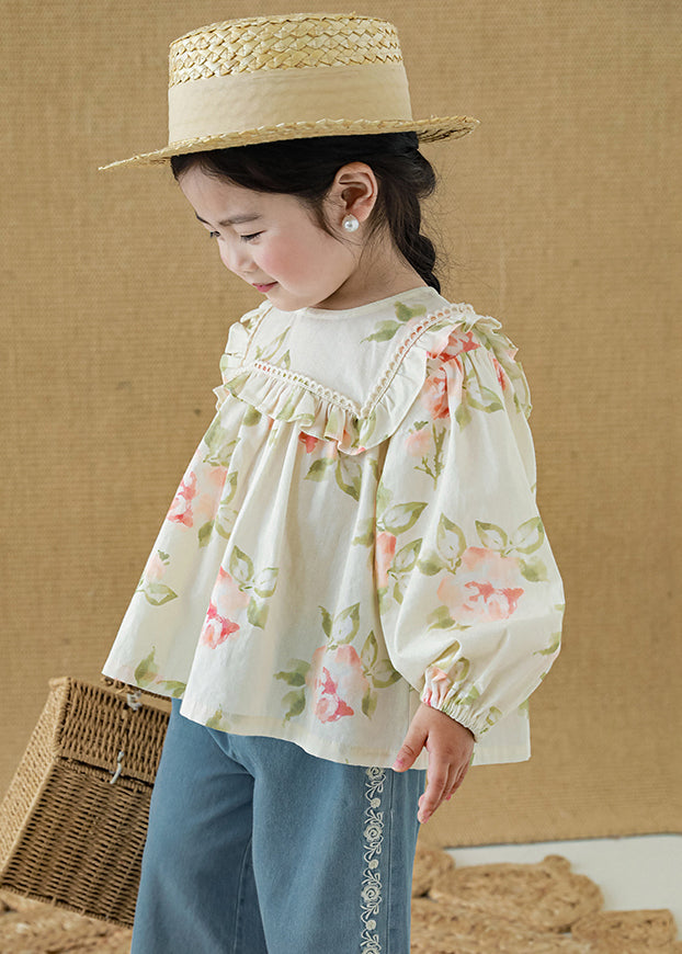 New Apricot Ruffled Print Cotton Girls Top Long Sleeve YU1058