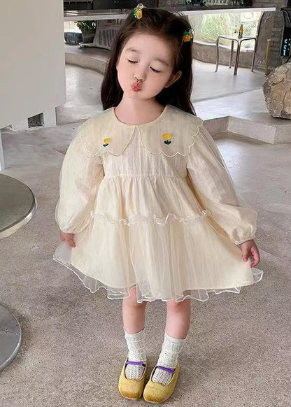 New Apricot Ruffled Tulle Girls Mid Dresses Long Sleeve XZ059