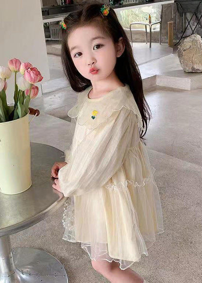 New Apricot Ruffled Tulle Girls Mid Dresses Long Sleeve XZ059