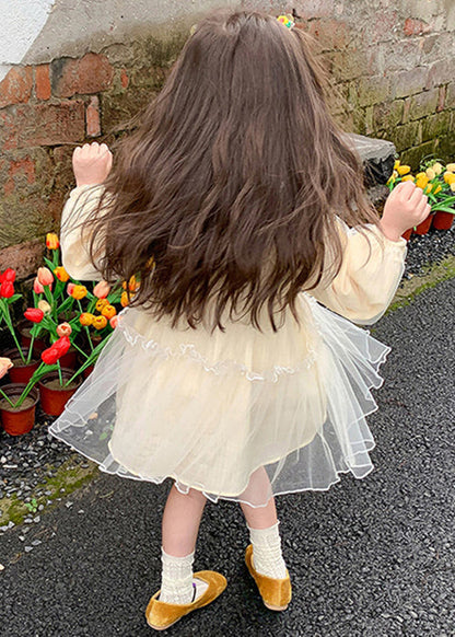 New Apricot Ruffled Tulle Girls Mid Dresses Long Sleeve XZ059