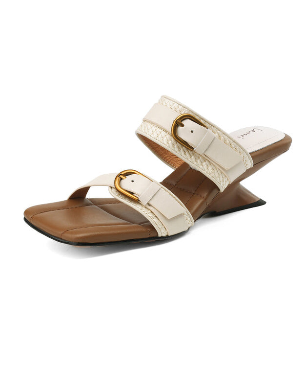 Chaussons compensés en peau de mouton tissés neufs à talon abricot