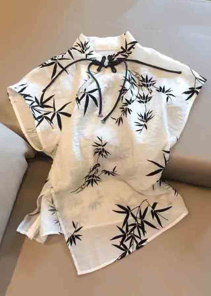 New Beige Chinese Button Print Cotton Tops Summer JH032