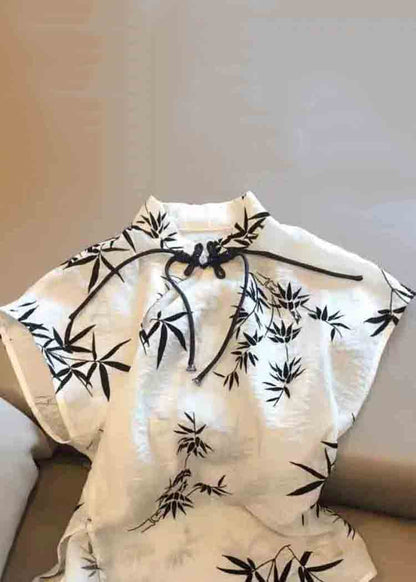 New Beige Chinese Button Print Cotton Tops Summer JH032