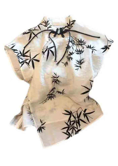 New Beige Chinese Button Print Cotton Tops Summer JH032