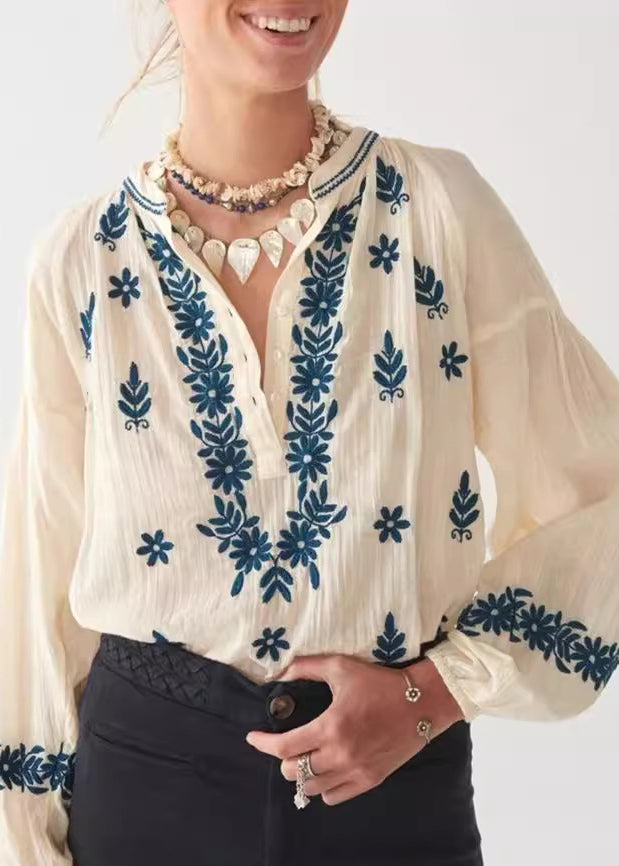 Chemise en coton bouffante brodée à manches beiges
