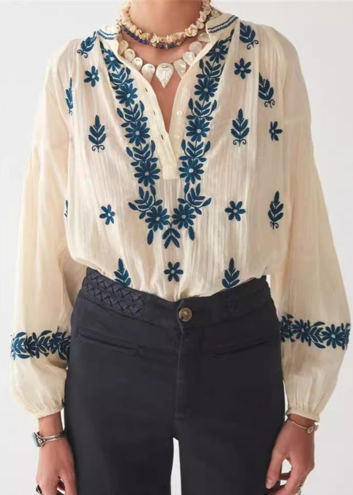 Chemise en coton bouffante brodée à manches beiges