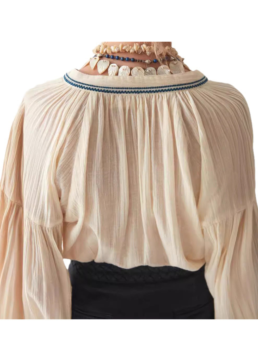 Chemise en coton bouffante brodée à manches beiges
