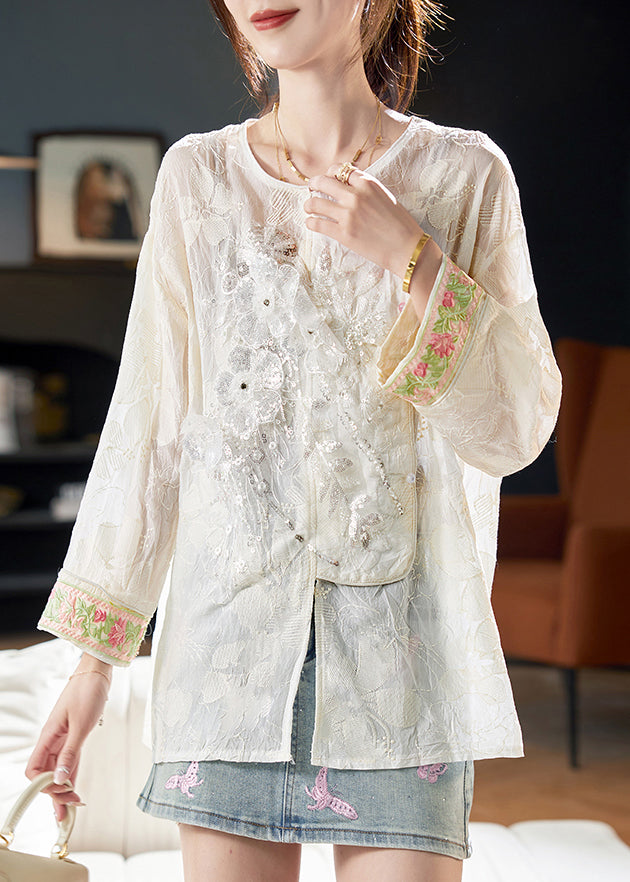 New Beige O-Neck Embroidered Sequins Blouses Fall AB1023