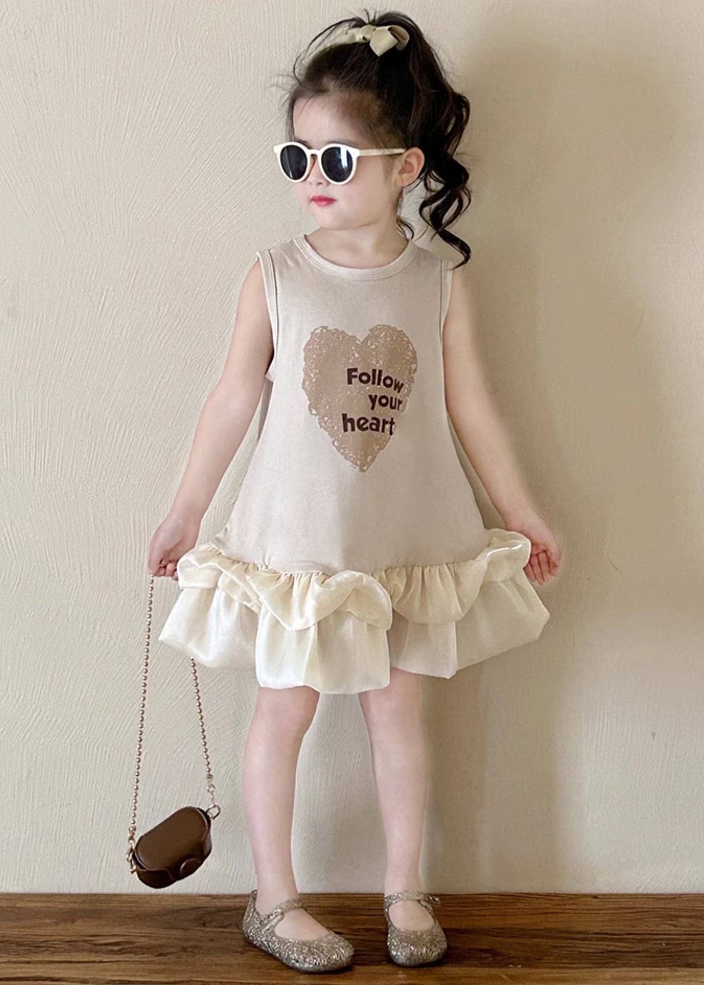 Nouvelles robes en coton à imprimé col rond beige pour filles sans manches TT037