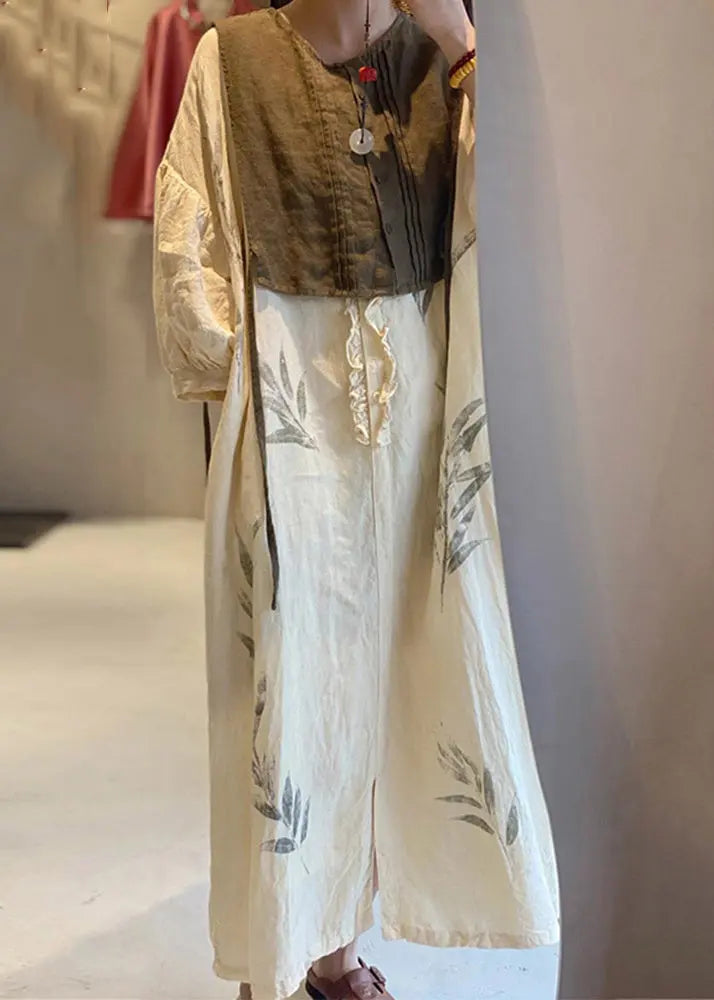 New Beige Ruffled Print Pockets Cotton Long Dress Spring Ada Fashion