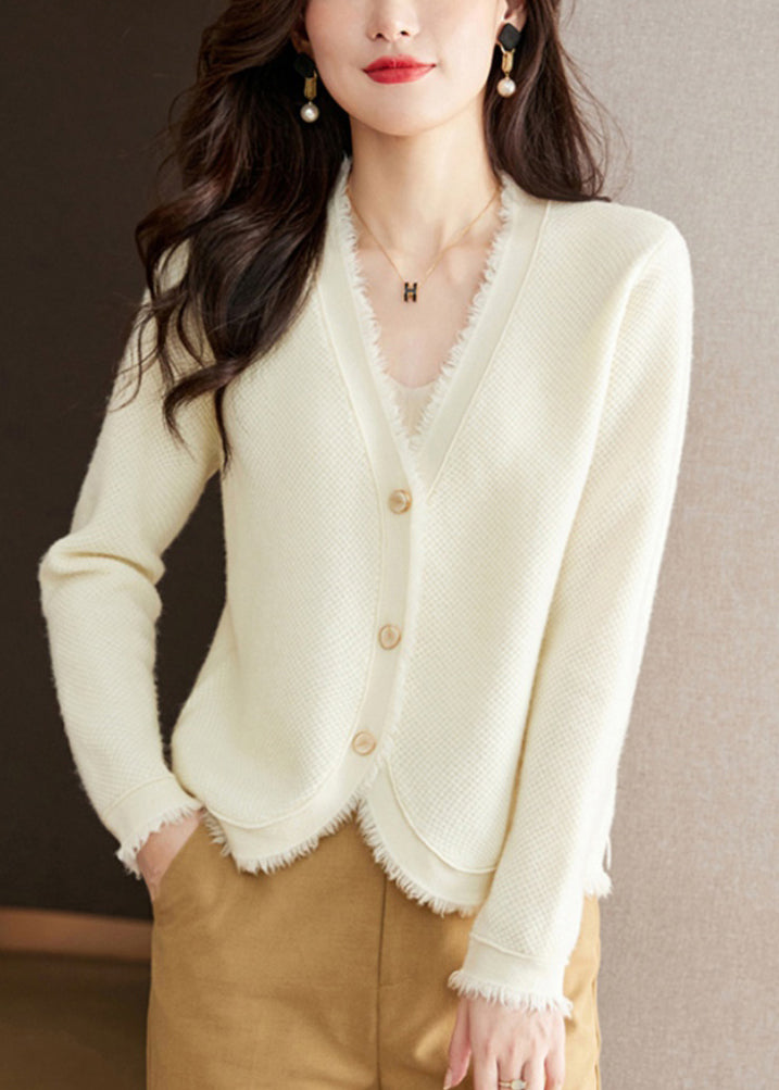 New Beige V Neck Button Solid Wool Knit Cardigan Fall WL005