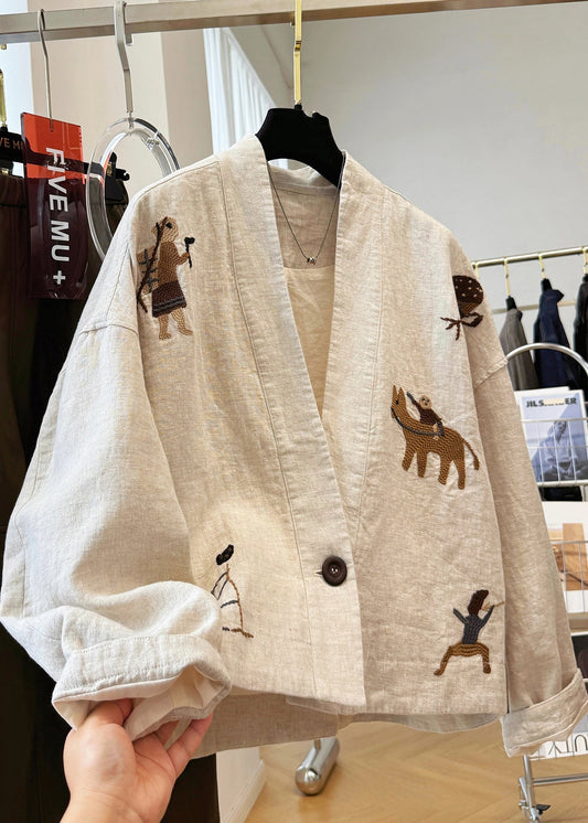 Beige Neck Patchwork Coats V Fall Linen New Embroidered