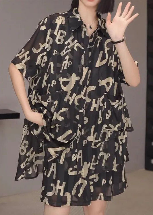New Black Alphabet Pockets Chiffon Two Pieces Set Summer XX032