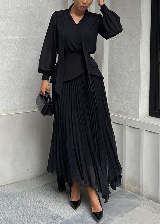 New Black Asymmetrical Design Top And Pleated Skirt Set Fall QL023