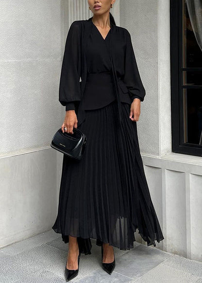 New Black Asymmetrical Design Top And Pleated Skirt Set Fall QL023