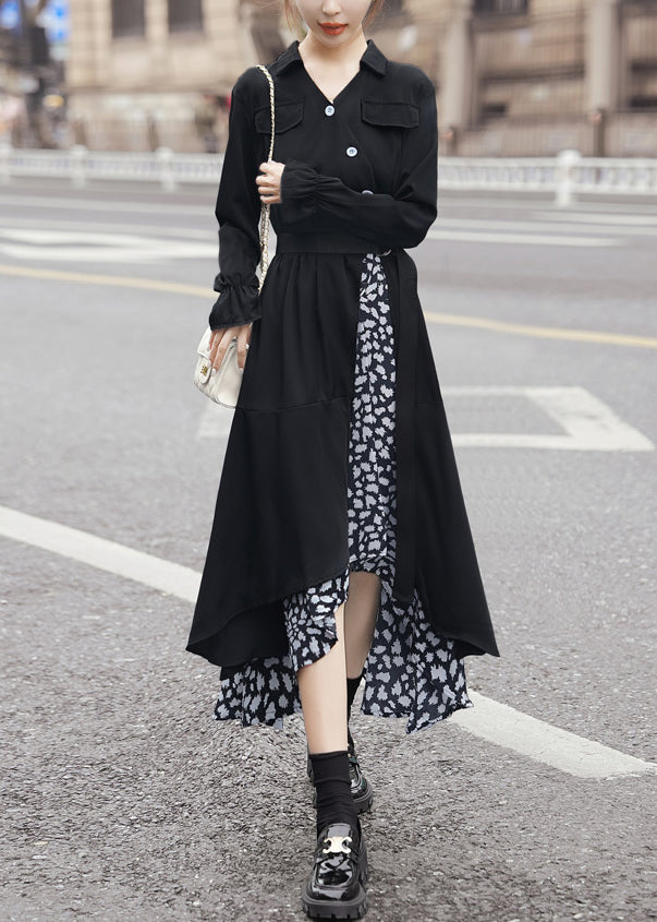 New Black Asymmetrical Tie Waist Patchwork Chiffon Dress Long Sleeve AA1025