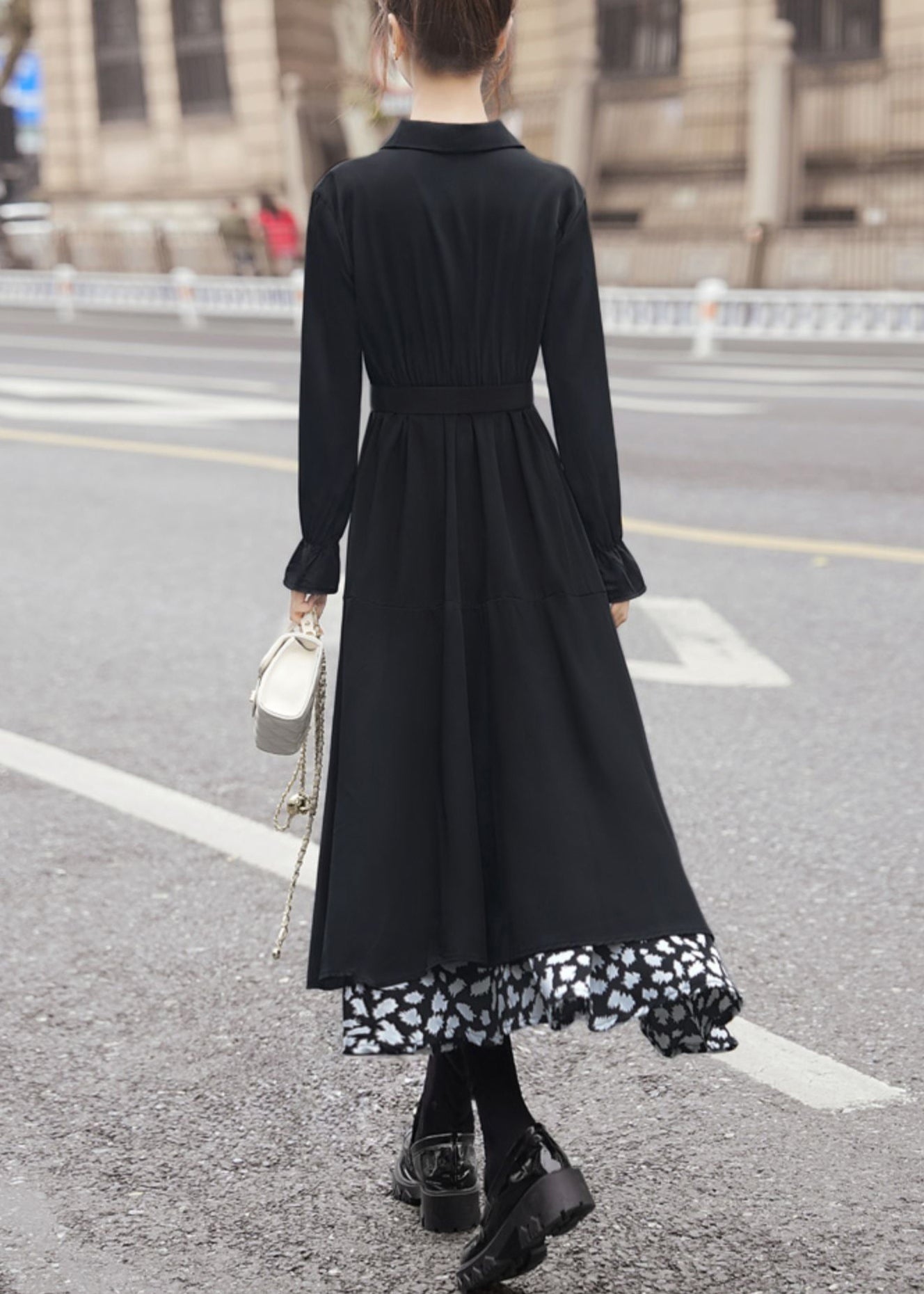 New Black Asymmetrical Tie Waist Patchwork Chiffon Dress Long Sleeve AA1025