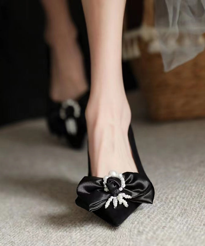 New Black Classy Beaded Bow Suede High Heels OI031