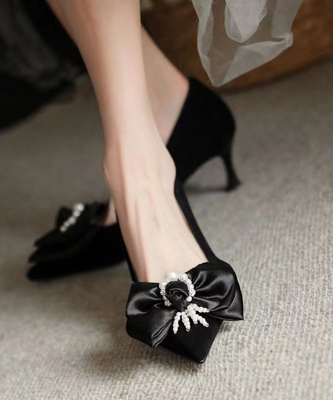 New Black Classy Beaded Bow Suede High Heels OI031