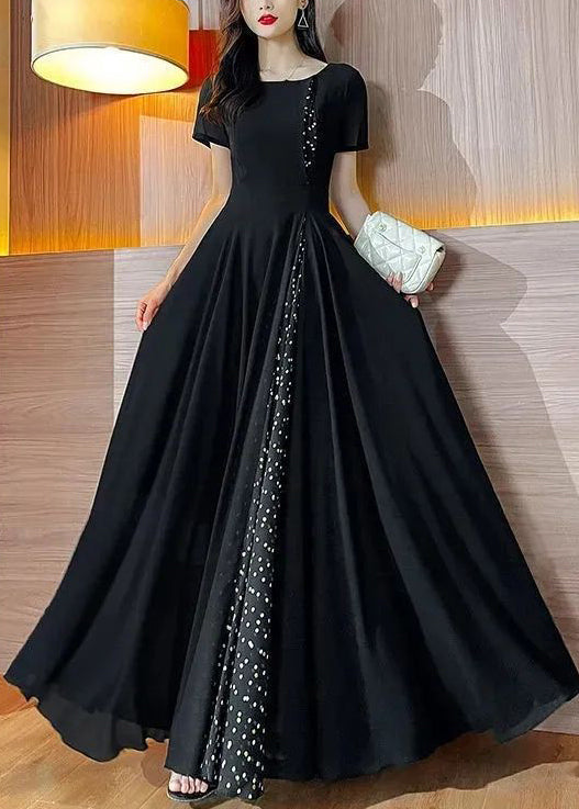 Summer O Long Black Dot Dresses Patchwork Neck Chiffon New