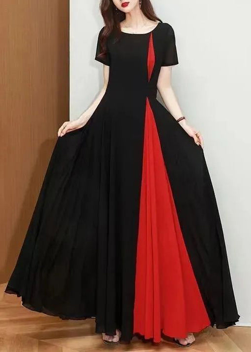 Summer O Long Black Dot Dresses Patchwork Neck Chiffon New