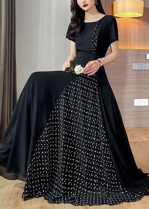 Summer O Long Black Dot Dresses Patchwork Neck Chiffon New