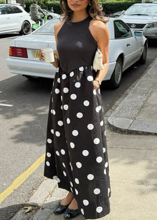 Print Cotton New Patchwork Dot Sleeveless Dresses Black