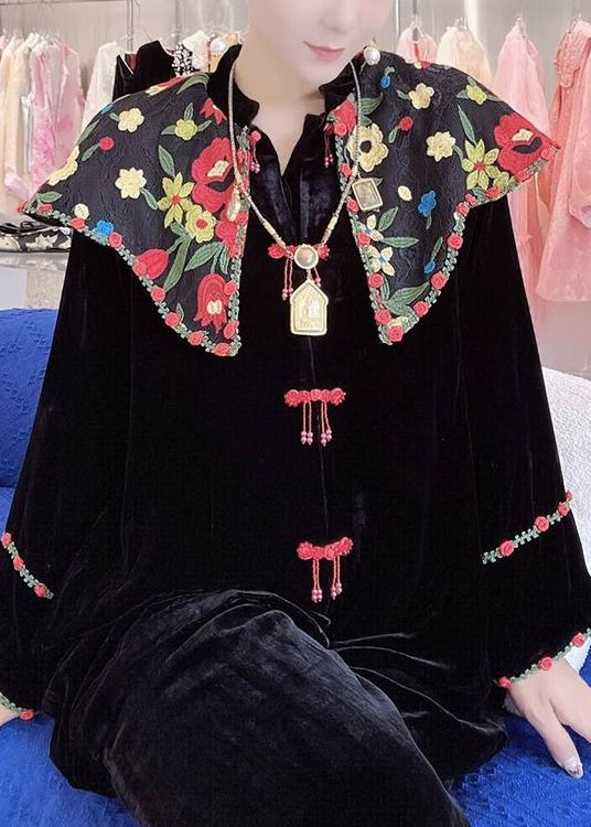 New Black Embroidered Button Silk Velour Shirt Long Sleeve QA1014 Ada Fashion