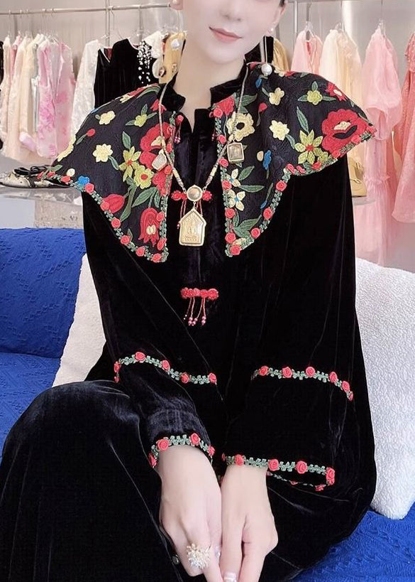 New Black Embroidered Button Silk Velour Shirt Long Sleeve QA1014 Ada Fashion