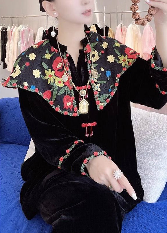 New Black Embroidered Button Silk Velour Shirt Long Sleeve QA1014 Ada Fashion