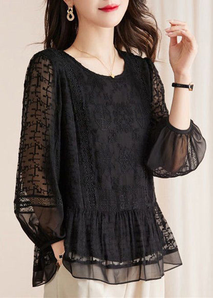 New Black Embroidered Hollow Out Lace Shirts Long Sleeve AU1061