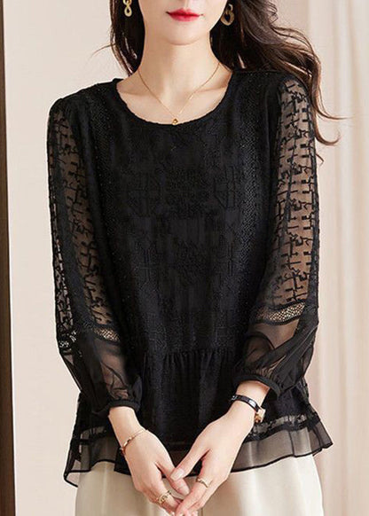 New Black Embroidered Hollow Out Lace Shirts Long Sleeve AU1061