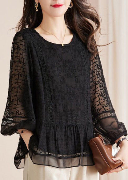 New Black Embroidered Hollow Out Lace Shirts Long Sleeve AU1061