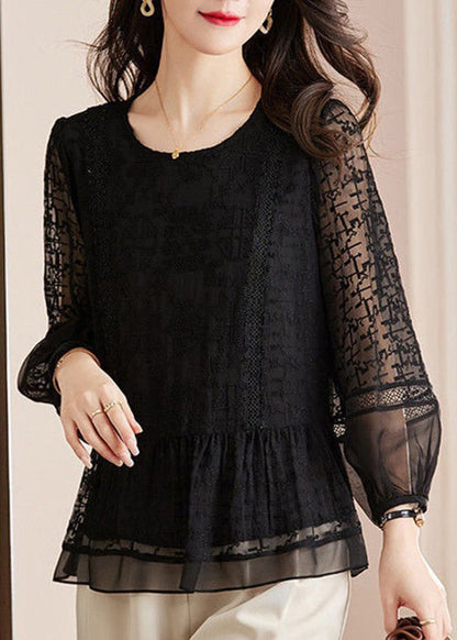 New Black Embroidered Hollow Out Lace Shirts Long Sleeve AU1061