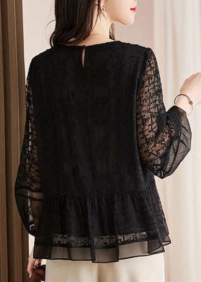 New Black Embroidered Hollow Out Lace Shirts Long Sleeve AU1061