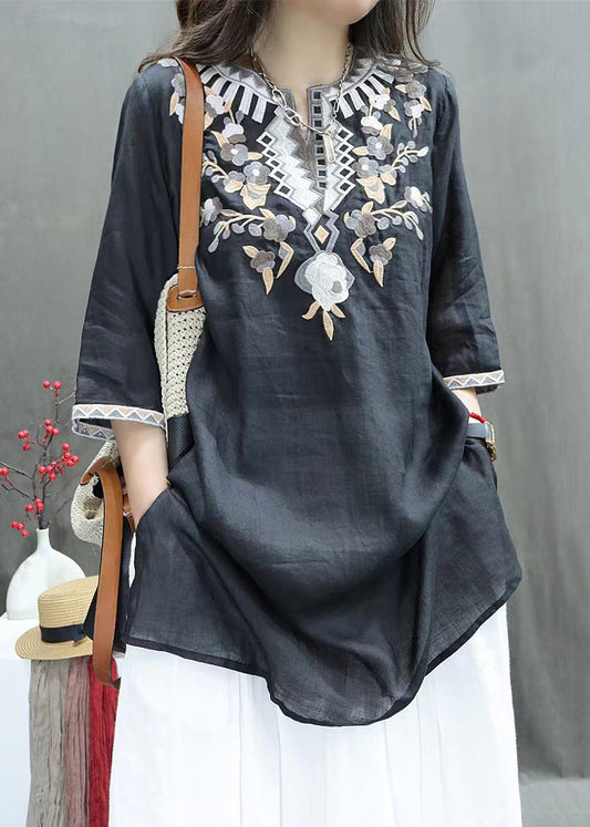 Embroidered New Linen Black Shirts Side Sleeve Open Half