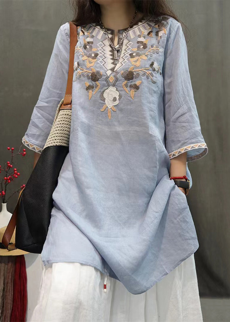 Embroidered New Linen Black Shirts Side Sleeve Open Half