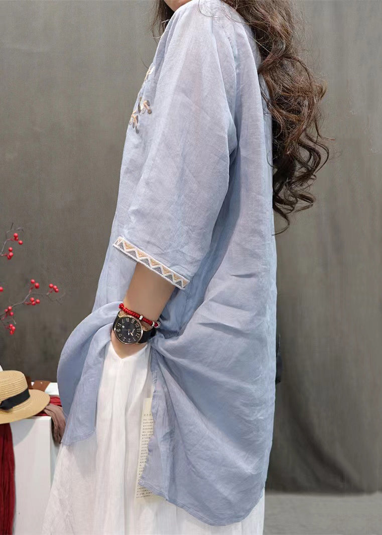 Embroidered New Linen Black Shirts Side Sleeve Open Half