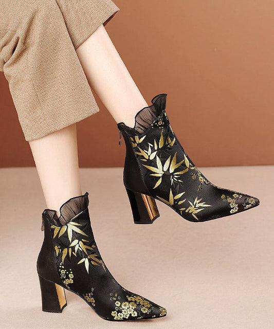 New Black Embroidered Silk Splicing Cowhide Leather Chunky Boots RT1081