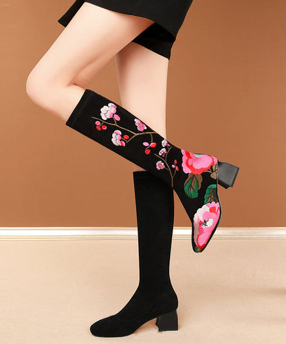 New Black Embroidered Suede Chunky Knee Boots RT1064