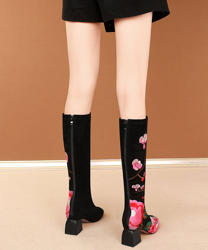 New Black Embroidered Suede Chunky Knee Boots RT1064