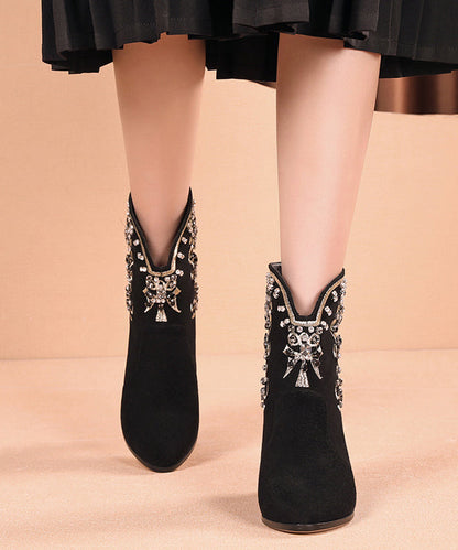 New Black Embroidered Zircon Splicing Suede Chunky Boots RT1083