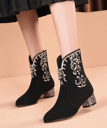 New Black Embroidered Zircon Splicing Suede Chunky Boots RT1083