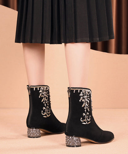 New Black Embroidered Zircon Splicing Suede Chunky Boots RT1083