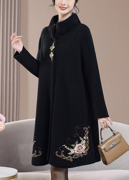 New Black Embroidered Zircon Wool Coats Spring RZ022