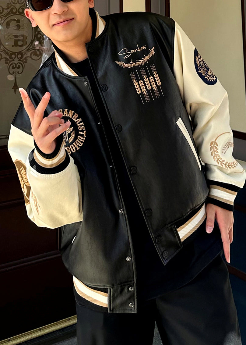 Patchwork Embroideried Spring Parkas Men TC011 New Leather Button Faux Black