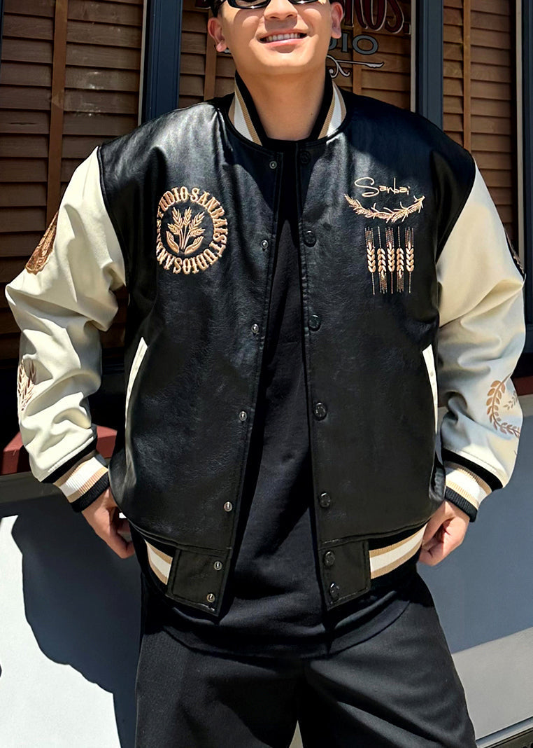 Patchwork Embroideried Spring Parkas Men TC011 New Leather Button Faux Black