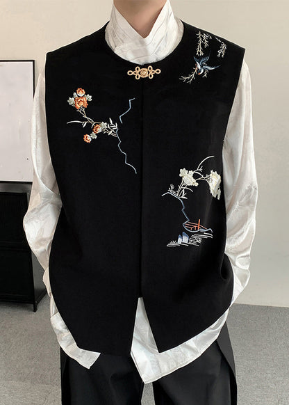 New Black Embroideried Button Silk Velour Mens Waistcoat Fall WJ035