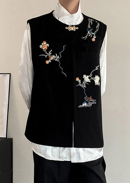 New Black Embroideried Button Silk Velour Mens Waistcoat Fall WJ035